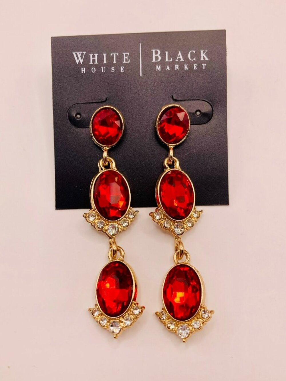 White House Black Market Gold-Tone Red & Clear Crystal Drop Earrings -112B